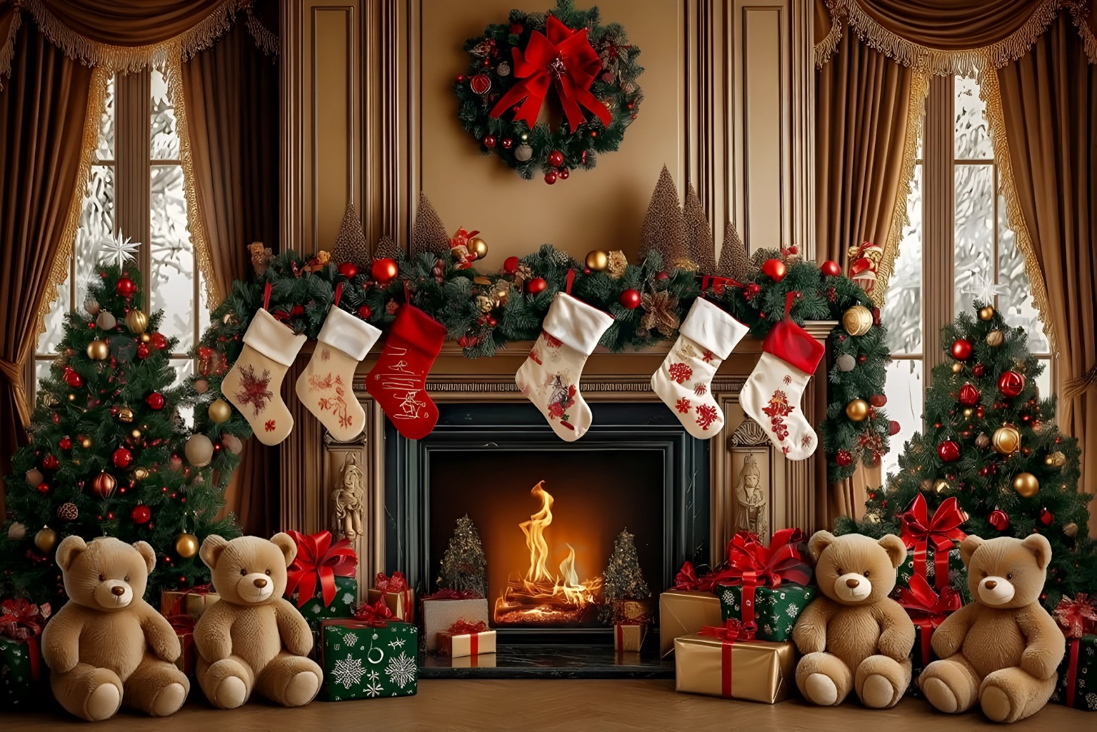خلفية تصوير Christmas Bear Fireplace
