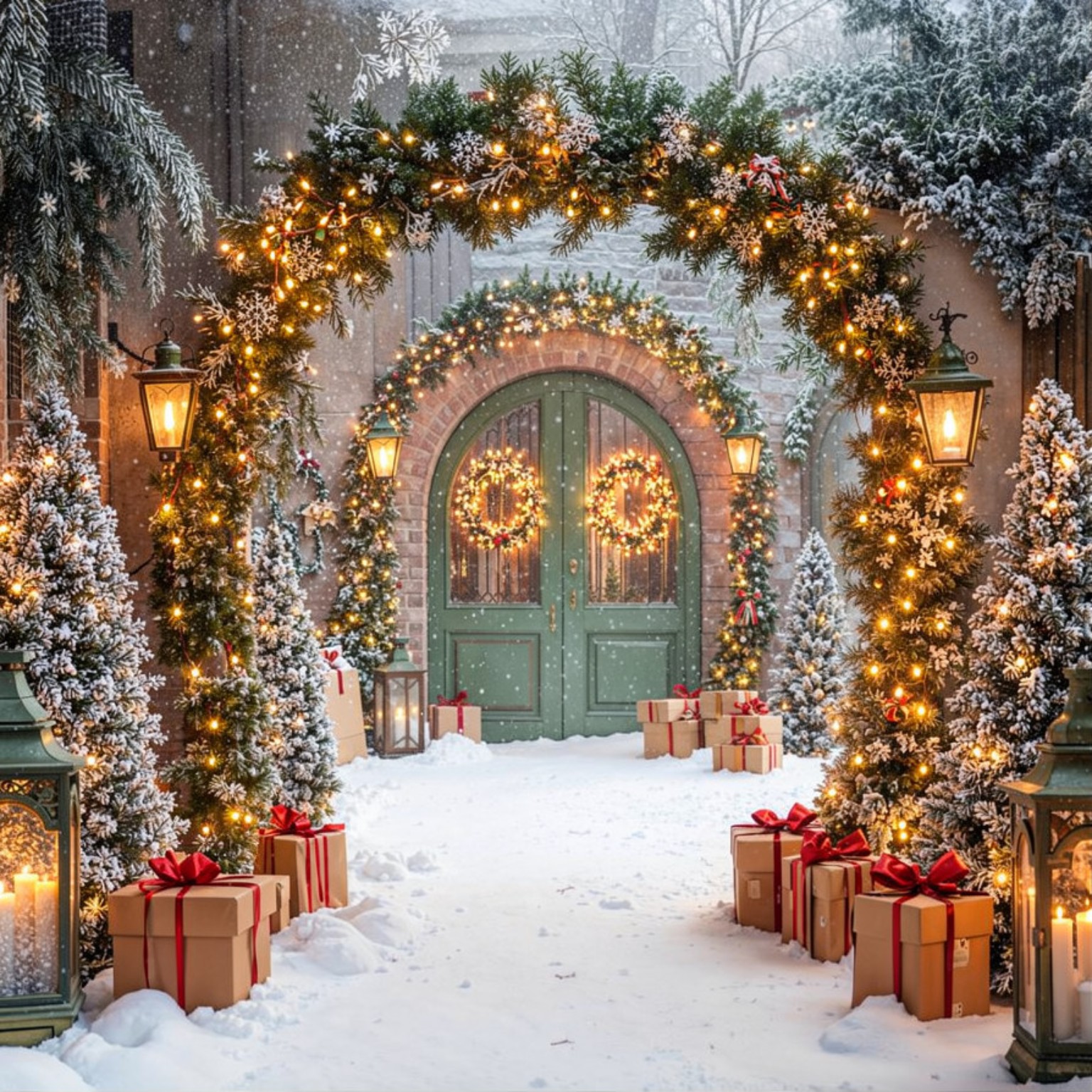 خلفية تصوير Snowy Christmas Doorway